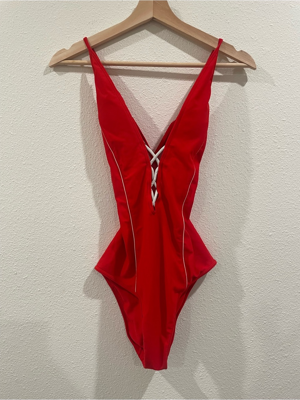 Abercrombie & Fitch Red One Piece Swimsuit Criss Cross Low Back Swim Medium - Picture 3 of 10